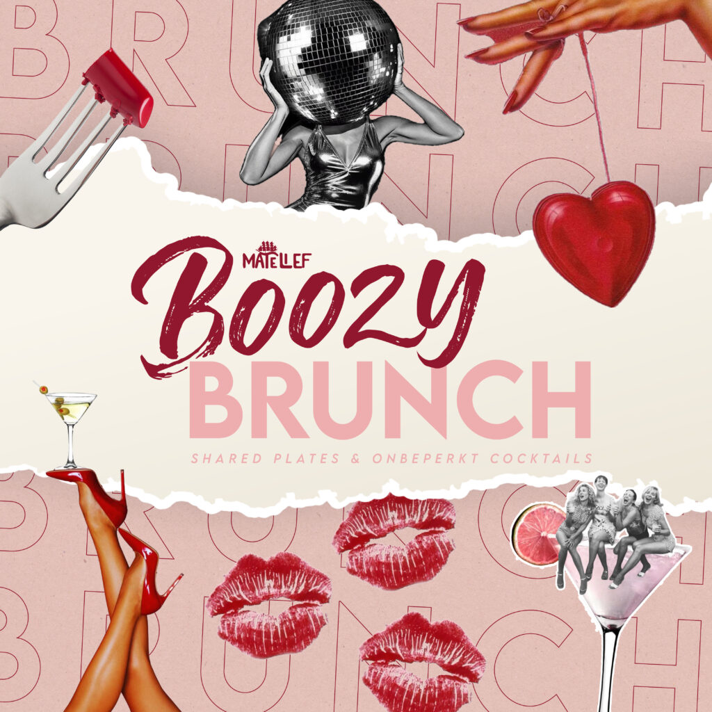 Matelief's Galentine Boozy Brunch promotie afbeelding voor het bottomless brunch evenement valentijn thema in centrum rotterdam oude haven. Leuk voor met vriendinnen onder leiding van een dj en onbeperkt cocktails en shared dining hapjes